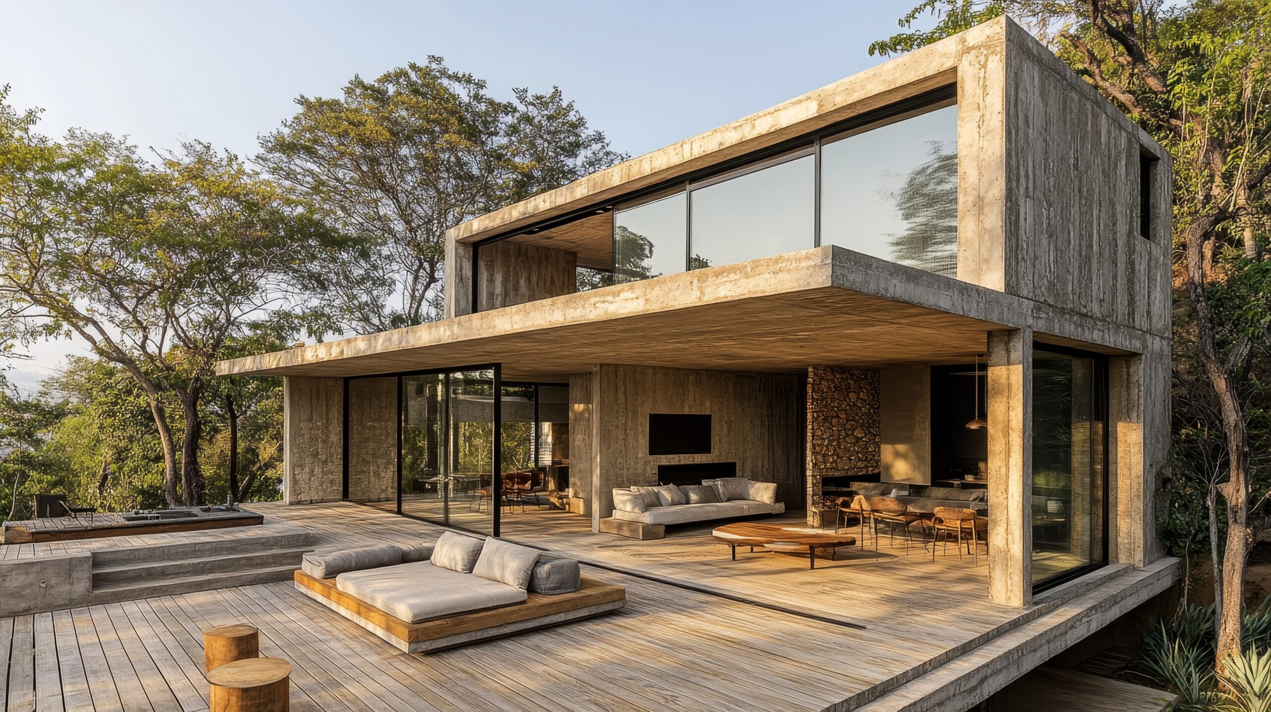 Minimalist cube home with perforated metal walls, sharp lines, and integrated holographic windows, floating in a futuristic desert landscape, warm colors, 3D rendering