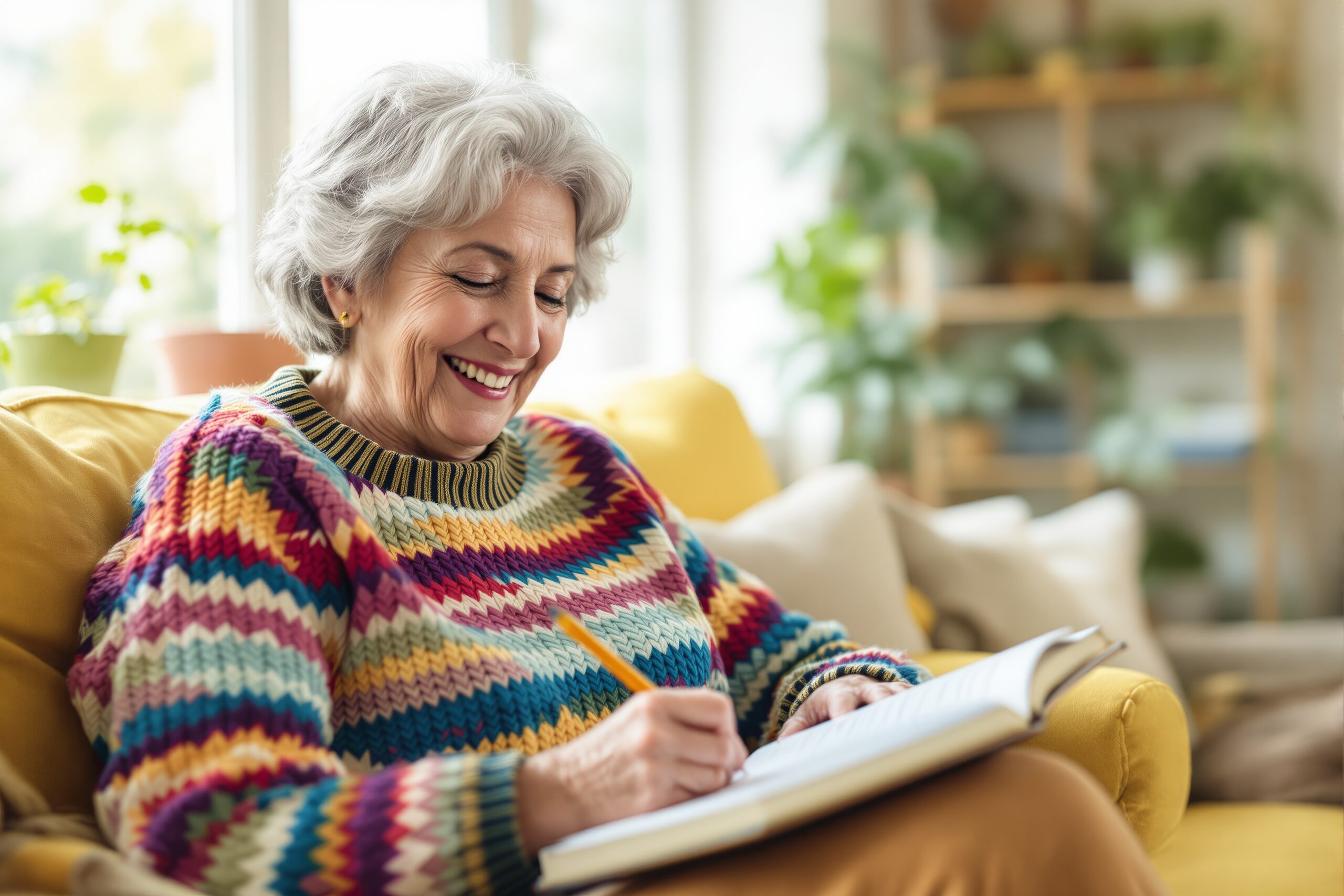 Cheerful elderly woman writing in a notebook while relaxing on a yellow sofa, cozy home interior with green plants in background. Ai generative